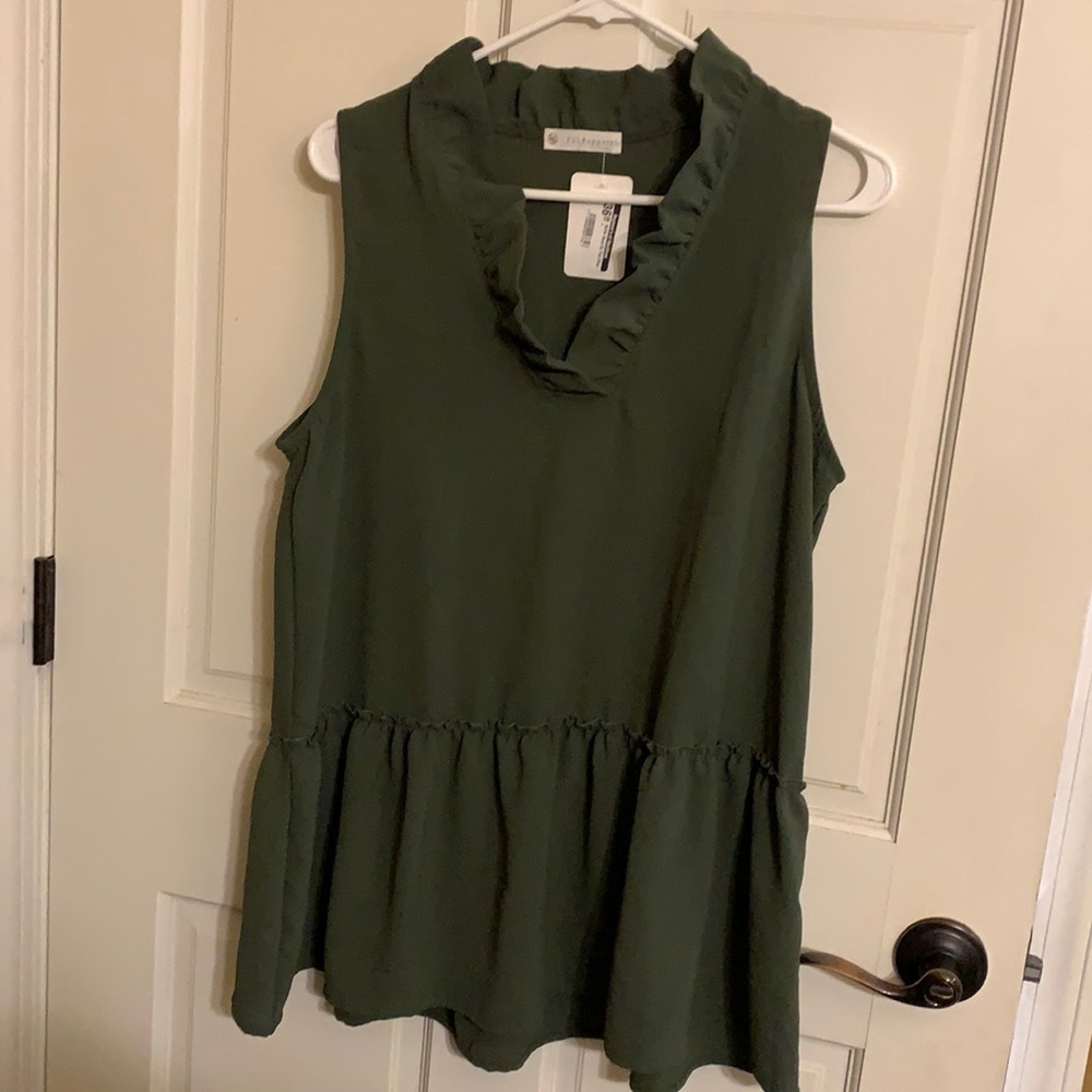 NWT FSL apparel L ruffle V Sleeveless tunic olive